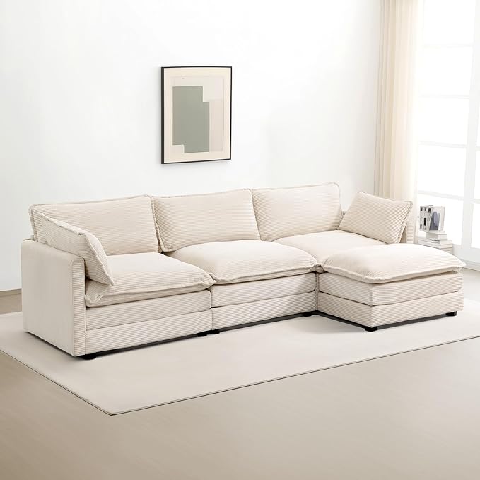 ROWHY Oversized Modular Sectional Sofa with Movable Ottoman, 112" 4‑Seat Corduroy L‑Shape (Beige)