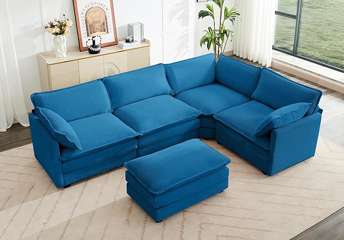 ROWHY 113'' Modular Sectional Cloud Couch, 5‑Seater with Chaise & Ottoman (Blue)