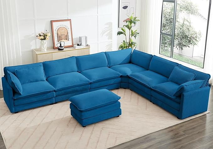 ROWHY Oversized Sectional Cloud Couch with Ottoman, Modern Corduroy (Blue)