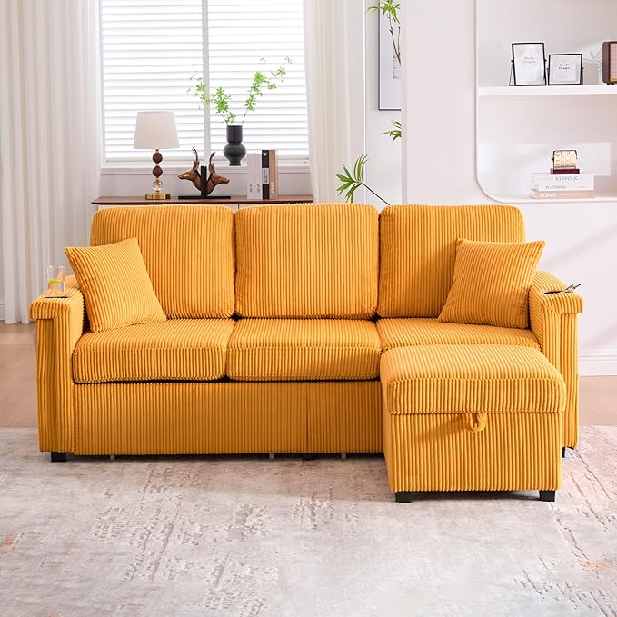 ROWHY Oversized Sectional Sofa Couch with Ottoman, 111.8" Corduroy L‑Shape with Cup Holders, Storage & USB (Yellow)